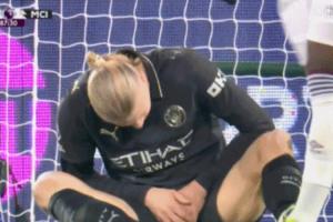 淡淡的忧伤！哈兰德门前抢点不慎击中裆部，随后双手捂裆痛苦跪地