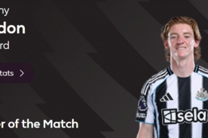 打进唯一进球,英超官方:戈登当选纽卡1-0切尔西全场最佳球员