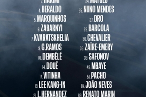 巴黎对阵切尔西次回合名单：登贝莱、内维斯、杜埃、K77在列