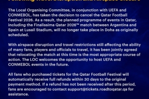 官方：2026年卡塔尔足球节因旅行中断和领空关闭取消