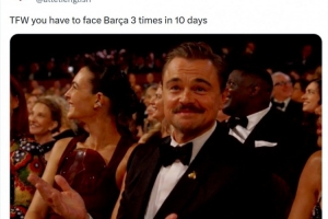 马竞晒莱昂纳多一脸无奈照片调侃：10天3战巴萨的感受