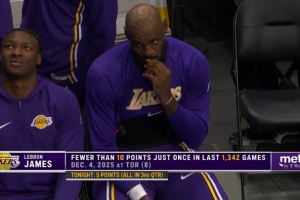 目前仅拿到5分！詹姆斯坐在场边咬手指 若有所思