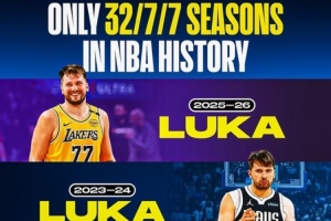 仅两名球员打出过赛季场均32+7+7：东契奇3次、乔丹1次